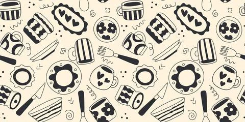 Seamless pattern of kitchen utensils and cutlery in doodle sketch style 库存插图