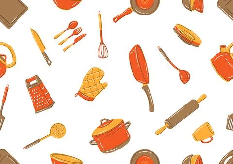 Seamless pattern with kitchen utensils. Cooking tools for home and restaurant. Stock Illustration