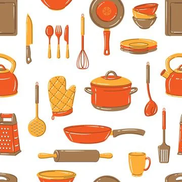 Seamless pattern with kitchen utensils. Cooking tools for home and restaurant. Stock Illustration