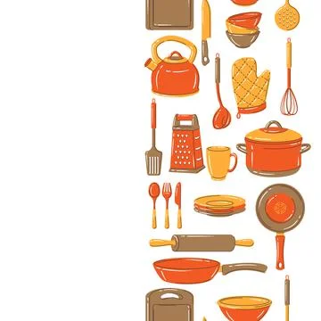 Seamless pattern with kitchen utensils. Cooking tools for home and restaurant. Stock Illustration