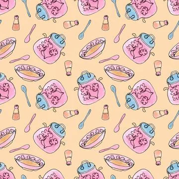 Seamless pattern with Kitchen utensils. Crockery and cutlery. Stock Illustration