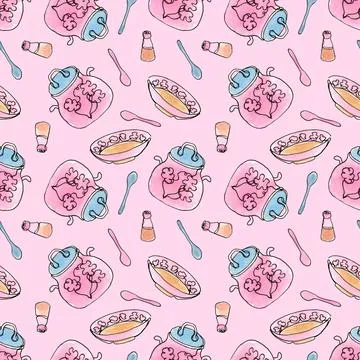 Seamless pattern with Kitchen utensils. Crockery and cutlery. Stock Illustration