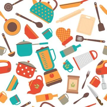 Seamless pattern of kitchen utensils. Home appliances for cooking Stock Illustration