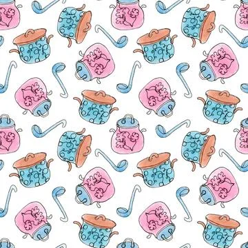 Seamless pattern with kitchen utensils. Pan and scoops on a white background. Stock Illustration