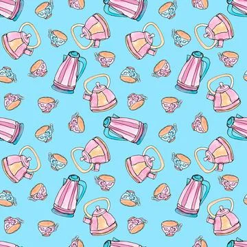 Seamless pattern with Kitchen utensils. Teapots and mugs. Stock Illustration