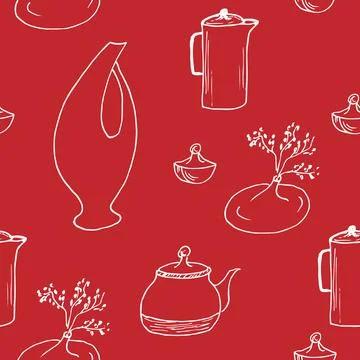 Seamless pattern kitchen witch coffee pot and teapots. vector illustration Stock Illustration