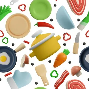Seamless pattern with kitchenware and cookware 3D vector, cartoon kitchen Stock Illustration