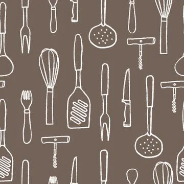 Seamless pattern of kitchenware. White hand drawn contour on brown background Stock Illustration