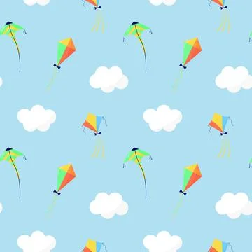 Seamless pattern with kites and clouds on blue background. イラスト素材