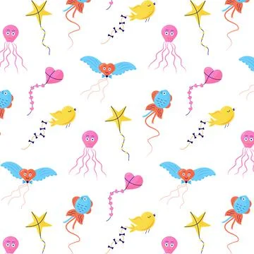 Seamless pattern with kites in the shape of heart, bird, octopus, fish and st Stock Illustration