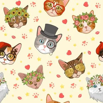 Seamless pattern with kittens. Cat heads in hats and glasses, flower wreath Stock Illustration