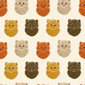 Seamless pattern. Kittens in the retro print style. Brown and beige colors. Illustrazione stock