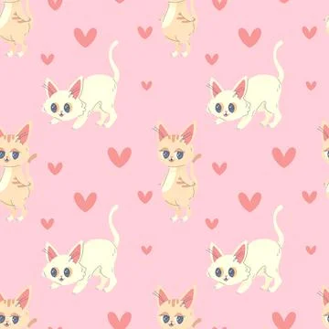 Seamless pattern kitty with heart, pink cute, vector illustration for fabri.. Stock Illustration