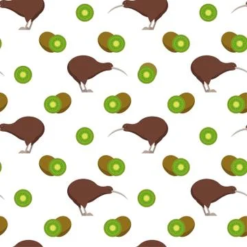 Seamless pattern with kiwi birds and kiwi fruits Stock Illustration