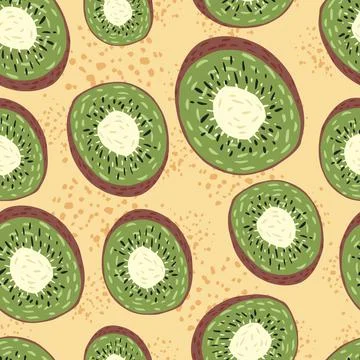 Seamless pattern with kiwi hand drawn ornament. Green random fruit shapes on  Illustrazione stock