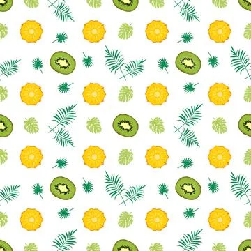 Seamless pattern with kiwi, pineapple and palm branch. Summer cute print with Stock Illustration