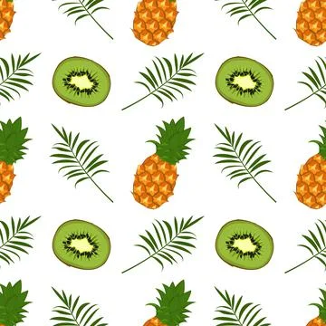Seamless pattern with kiwi, pineapple and palm branch. Summer cute print with Stock Illustration