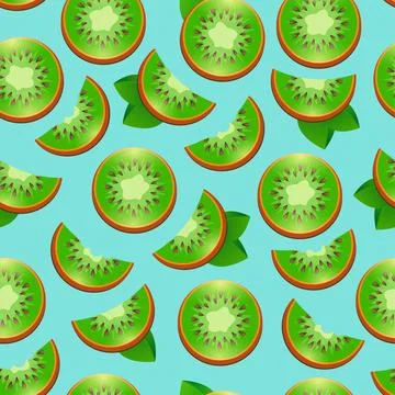 Seamless pattern with kiwi on turquoise background. Juicy half green kiwi. Br Stock Illustration