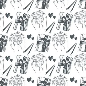Seamless pattern of knitted items, knitting needle, threads in hands Stock Illustration