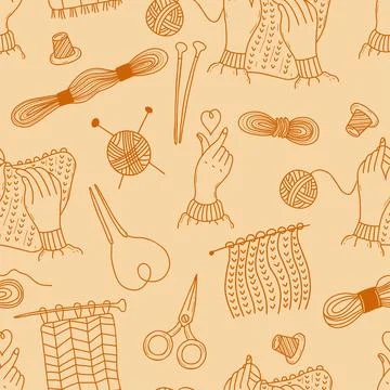 Seamless pattern. Knitting, threads and scissors, heart hand gesture and knittin Stock Illustration