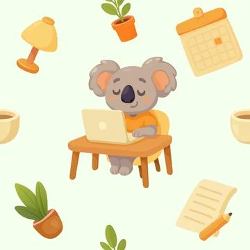 Seamless pattern of koala at desk for remote work or study in pastel colors Illustrazione stock