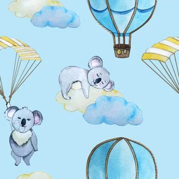 Seamless pattern. Koala flying. the balloon and the paraglider Stock Illustration