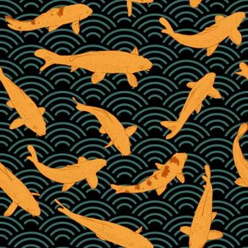 Seamless pattern Koi carp literally brocaded carp. Orange fish. outline sketc Illustrazione stock