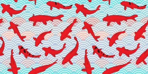 Seamless pattern Koi carp nishikigoi literally brocaded carp. Red fish. black Stock Illustration