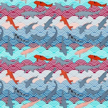Seamless pattern Koi carp nishikigoi literally brocaded carp fish. black outl Stock Illustration