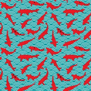 Seamless pattern Koi carp nishikigoi literally brocaded carp. Red fish. black Stock Illustration
