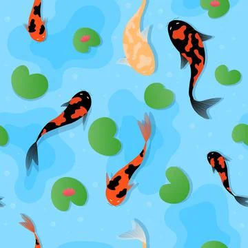 Seamless pattern with koi carps and lotus in water, japanese culture symbols Stock Illustration