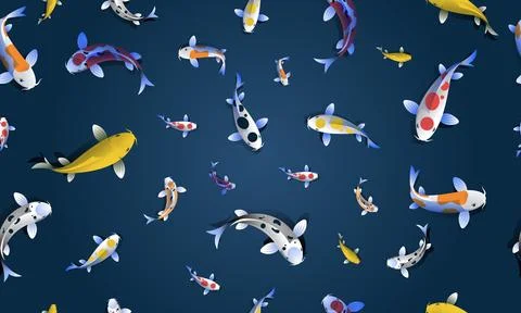 Seamless pattern koi fish on deep blue background. Stock Illustration
