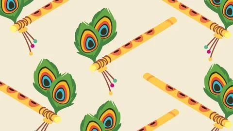 Seamless Pattern of Krishna Flute and Peacock Feather for Janmashtami Festi.. Stock Footage 340976634