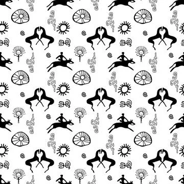 Seamless pattern with Kyrgyz petroglyphs featuring warriors, horses, and sun Stock Illustration