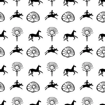 Seamless pattern with Kyrgyz petroglyphs featuring horses, riders, sun symbols Illustrazione stock