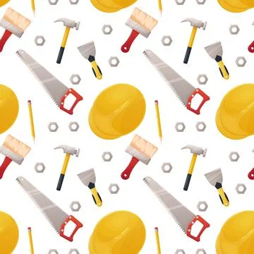 Seamless pattern, labor day, building tools helmet, brush , white Stock Illustration