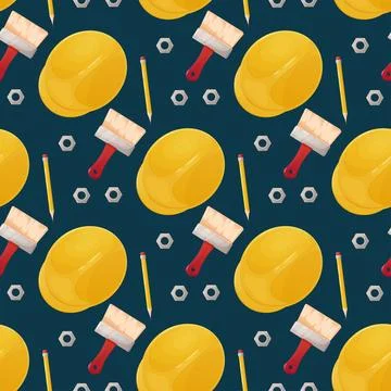 Seamless pattern, labor day, building tools helmet, brush , blue Stock Illustration