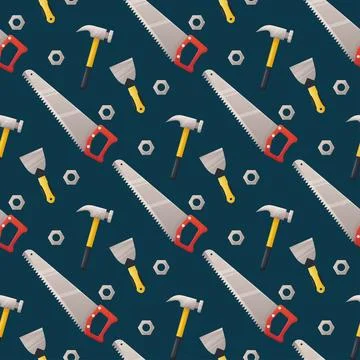 Seamless pattern for labor day, building tools on blue background. Illustrazione stock