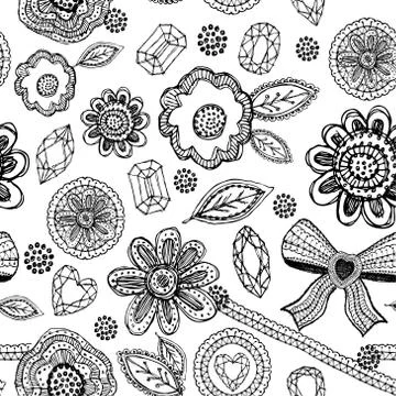Seamless pattern with lace, diamonds, flowers, leaves. doodle, sketch vector Stock Illustration