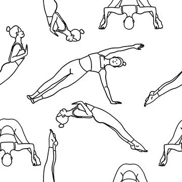 Seamless pattern lady yoga poses in cartoon outline flat style. Meditation,.. Stock Illustration