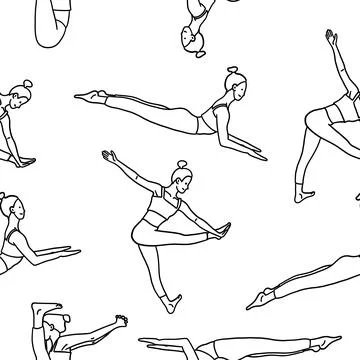 Seamless pattern lady yoga poses in cartoon outline flat style. Meditation,.. Stock Illustration