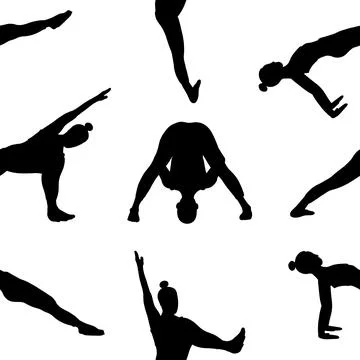 Seamless pattern lady yoga poses in cartoon shadow flat style. Meditation, .. Stock Illustration