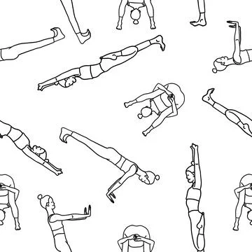 Seamless pattern lady yoga poses in cartoon outline flat style. Meditation,.. Stock Illustration