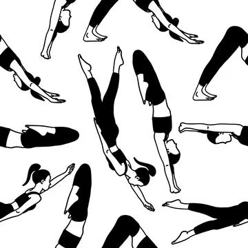 Seamless pattern lady yoga poses in cartoon black and white flat style. Med.. Stock Illustration