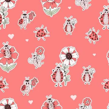 Seamless pattern with ladybug character. Funny insects ladybird with flower.. Stock Illustration