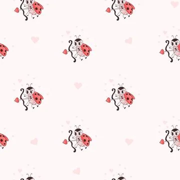 Seamless pattern with ladybug. Cute Amur insect ladybird on white backgroun.. イラスト素材