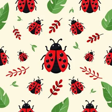 Seamless pattern with ladybugs and leaves flat vector illustration Stock Illustration