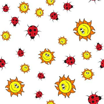 Seamless pattern of ladybugs and suns in in cartoon style Stock Illustration