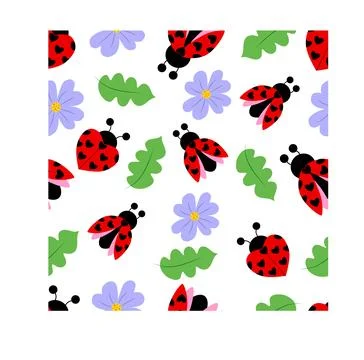 Seamless pattern with ladybugs leaves and flowers, hand drawn. vector Stock Illustration