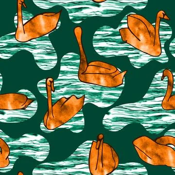 Seamless Pattern Lake Water Spots silhouettes of swans green and orange Stock Illustration